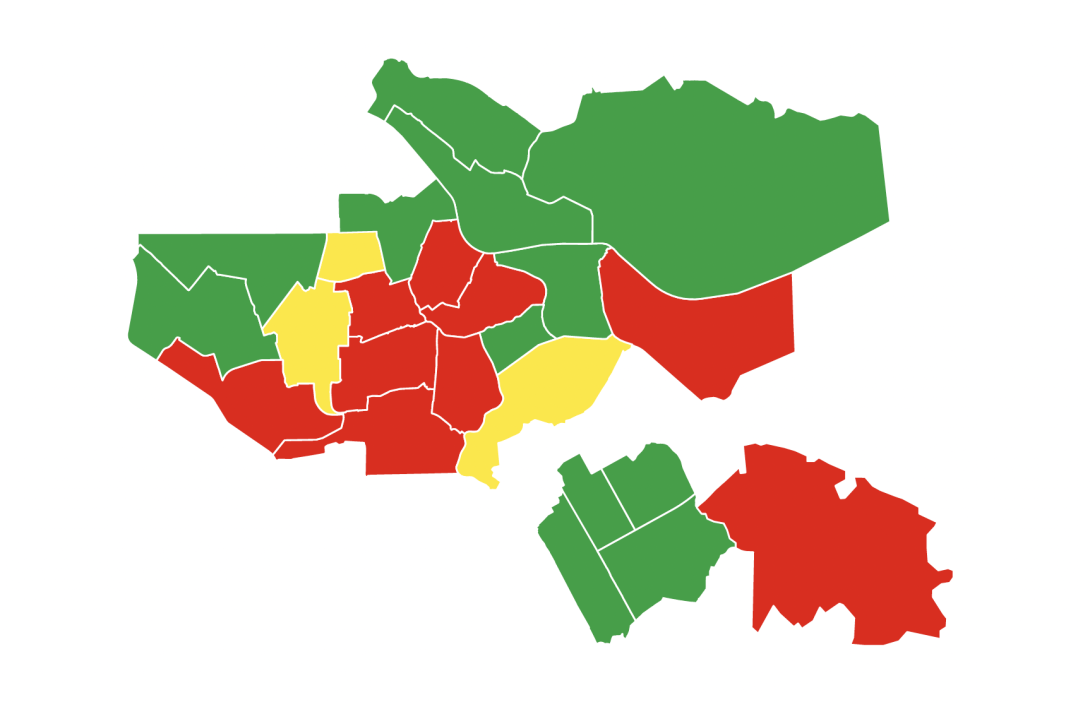 Amsterdam gebiedskaartje met percentage corporatiebezit