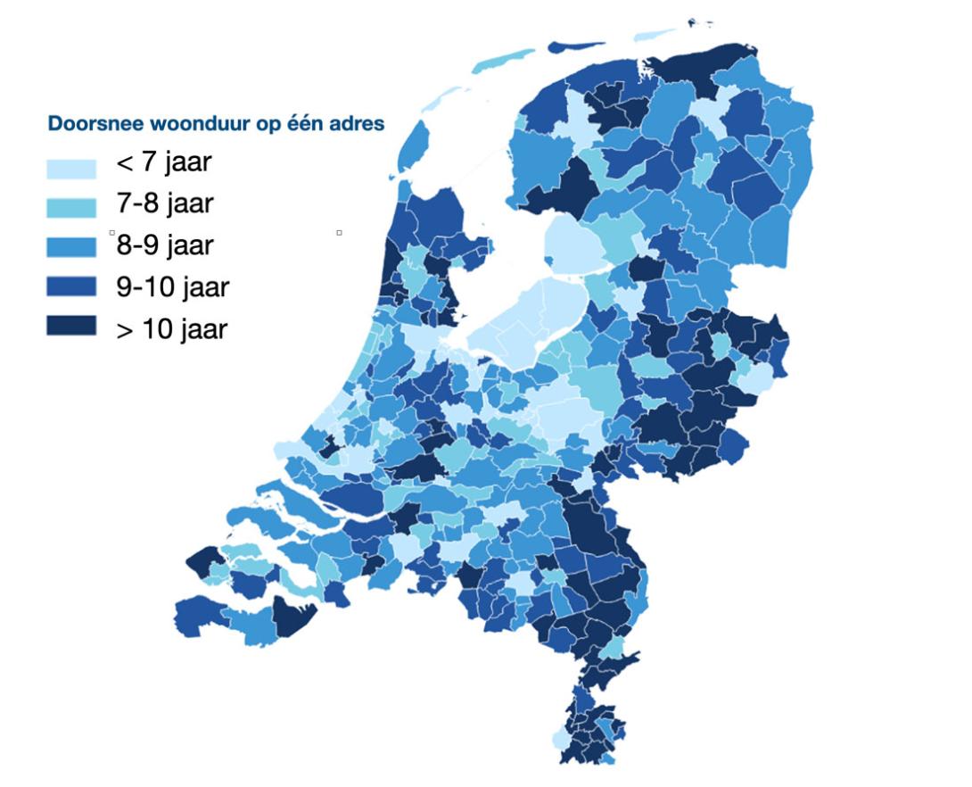 Gemiddelde woonduur per gemeente. Bron: CBS